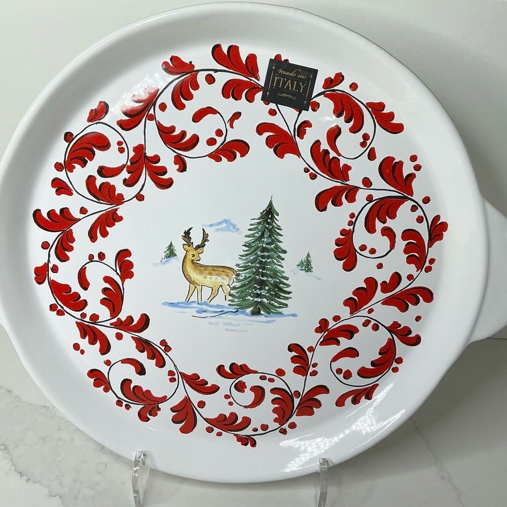 Nova Deruta Round Platter Christmas Reindeer Red Flourish 12.25" Italy New